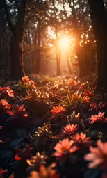 the sun is coming through the trees with flowers