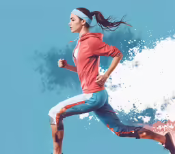 a girl with a headband running in the sky
