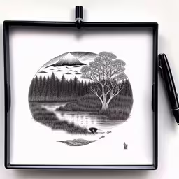 a drawing with pen on white surface sitting under a frame,a framed drawing of an animal and forest