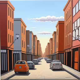 an abstract painting shows a small street lined with buildings