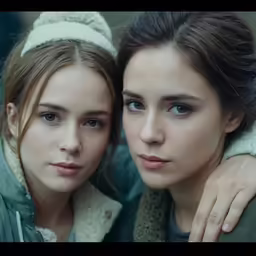 two girls with blue eyes and a fur collar looking directly at the camera