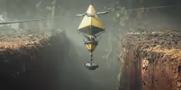 the small lantern is suspended from a wire over a field