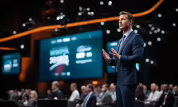a man in a blue suit is giving a speech at an event