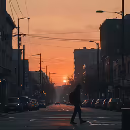 a person walking down a street with the sun setting in the background