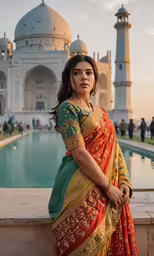 a woman in a brightly colored sari stands next to a swimming pool in front of a tajwah - tiki