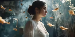 woman with large hair standing in front of water filled with orange butterflies