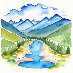 /tmp/FOOOMwXn8.jpg = a river in the wilderness surrounded by mountains
,/tmp/FOOOMwXn8.jpg = a blue river and a mountain range in a white background
,/tmp/FOOOMwXn8.jpg = a watercolor painting depicting mountains and a river
,/tmp/FOOOMwXn8.jpg = the blue river is in the middle of the mountain
,/tmp/FOOOMwXn8.jpg = watercolor painting of a beautiful landscape
,/tmp/FOOOMwXn8.jpg = a watercolor painting of mountains with a river in the middle
,/tmp/FOOOMwXn8.jpg = a watercolor drawing of mountains and a stream

