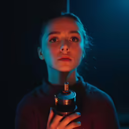 a woman holding a microscope looking at the camera