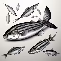 different types of fish on a white background