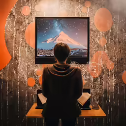 a woman looking at a computer screen with a mountain on it