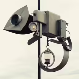 an outdoor lamp is attached to the back of a metal pole