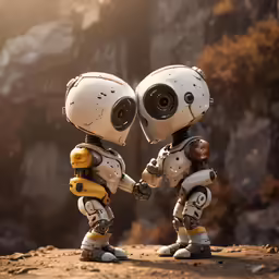 two white and yellow robot figurines standing next to each other