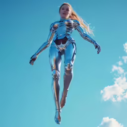 a woman in a blue and silver suit