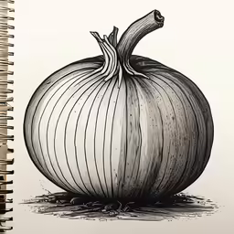 an onion, with the stem still attached, in black and white