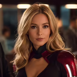 an attractive young lady in a black and red outfit