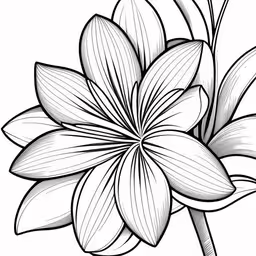 a flower with long thin petals and large leaves,a black and white flower with a stem in the middle