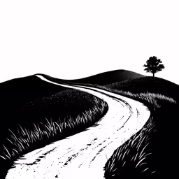 black and white illustration of a dirt road leading into a tree