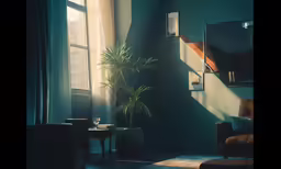 a chair, a table and a potted plant in the corner of the room