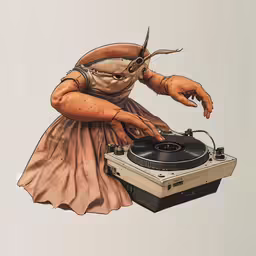 an illustration of a person wearing a head covering is using a turntable