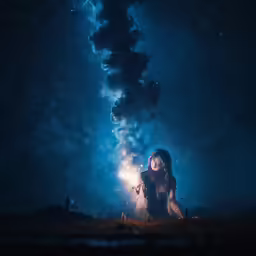a girl kneeling in the dark holding a fire extinguisher