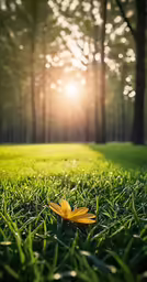 a leaf is laying in the middle of grass with the sun shining behind it