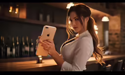 a girl poses with an iphone near some empty bottles