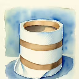 watercolor and ink painting of a roll of toilet paper with the edge of it curled up,a painting with some sort of a blue and brown striped hat on it