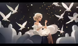 woman in dress sitting on a sculpture surrounded by white doves