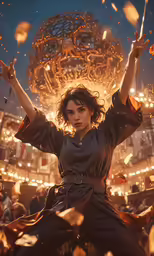a woman in medieval clothing stands in front of an elaborate background