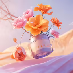 the flowers are on the table with some air freshener in the jar
