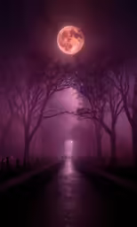 the road leads through the trees to a bright full moon