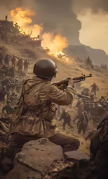 a soldier holding his rifle and aiming into the air as a crowd of soldiers battle through the desert