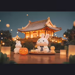 some cute stuff bunnies are placed around some lights