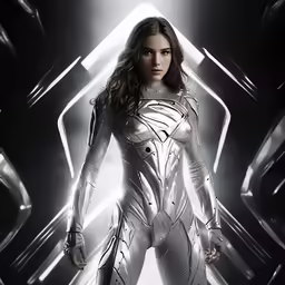 woman in a white costume standing in front of black and white lines