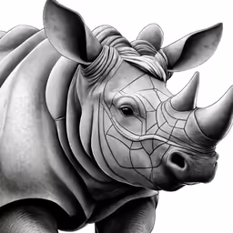 a rhinoceros 3d rendered in black and white