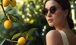 woman in sunglasses under lemon tree in sunny sunlight