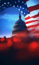 an image of an american flag flying in front of the dome of the us capitol