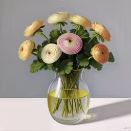 a painting of flowers in a vase with a reflection,the vase has many flowers in it,a vase filled with flowers sitting on top of a white table,a painting of flowers that are in a vase,this painting shows flowers in a vase on the table