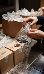 some people wrapping and packing packages from boxes