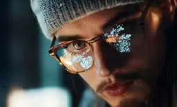 a man in a beanie looking at something on his glasses