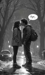 a couple kissing on the street in a snowy park