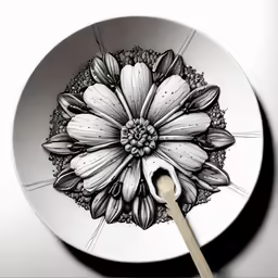 a flower bowl with spoon on top of it