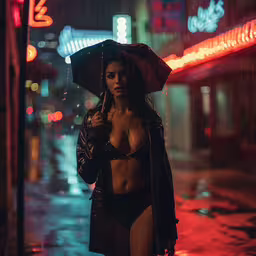 the girl is standing in the rain wearing her underwear,a woman with an umbrella standing in the rain