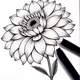 a drawing of a large sunflower on a sheet of paper,a black and white flower on a sheet of paper