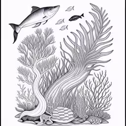 a fish on the ocean floor next to corals and other sea life,the sea corals and fish are seen with some plants