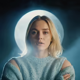 the female in front of the moon has her arms folded