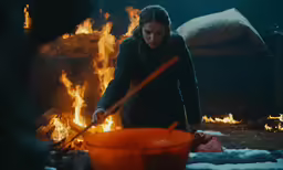 girl stirring bowl over fire as part of outdoor cooking class