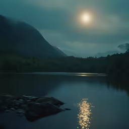 a lake at night surrounded by mountains with a full moon