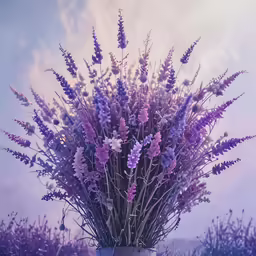 several lavender flowers are arranged in a large vase