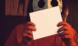 a girl holds up a paper to her face